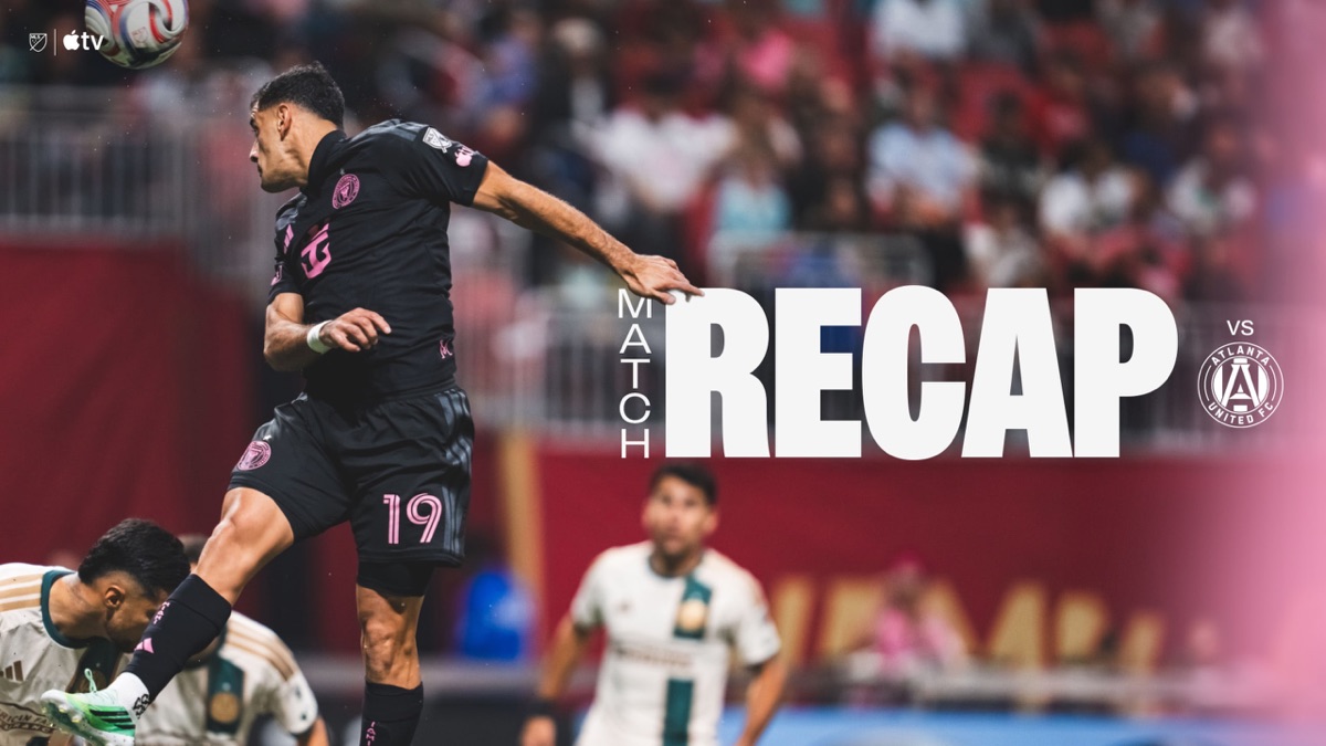 Placa oficial del Inter Miami con el resumen del partido ante Atlanta United: Germán Berterame, con la camiseta negra y el número 19, salta a cabecear entre defensores de Atlanta (imagen: prensa Inter Miami CF)