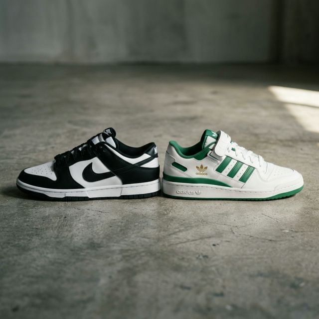 Nike Dunk Low negra junto a Adidas Forum Low verde sobre superficie de concreto