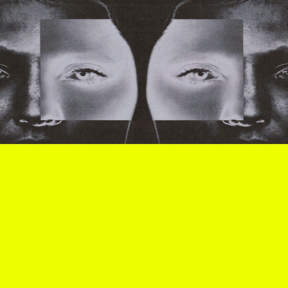 Arte oficial difundido con el anuncio de «SLUG» de Bicep: dos rostros en blanco y negro enfrentados como en un espejo, con los ojos recortados en un rectángulo, sobre un gran bloque amarillo