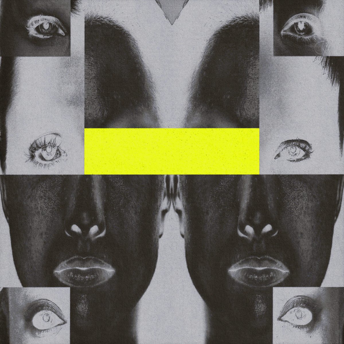 Arte oficial de los singles «Gas», «Ultra» y «Equarium» de Bicep: un collage en blanco y negro de rostros y ojos en espejo, con un rectángulo amarillo en el centro