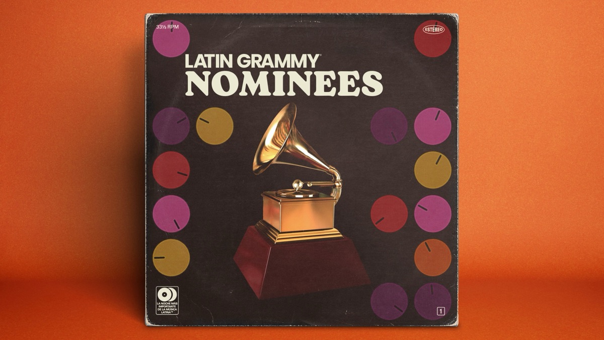 Imagen oficial de los nominados a los Latin Grammy: una tapa de disco de estilo retro con la leyenda «Latin Grammy Nominees», el gramófono dorado del premio en el centro y círculos de colores a los costados, sobre un fondo naranja