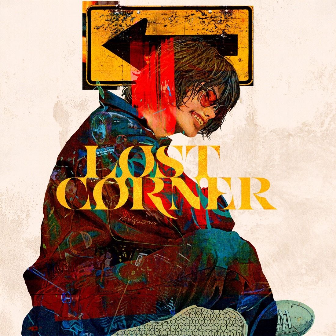 Portada oficial de "LOST CORNER" de Kenshi Yonezu: una ilustración del cantante con anteojos de sol rojos, sonriendo de costado con una campera de colores, bajo un cartel amarillo con una flecha negra, y el título en letras doradas