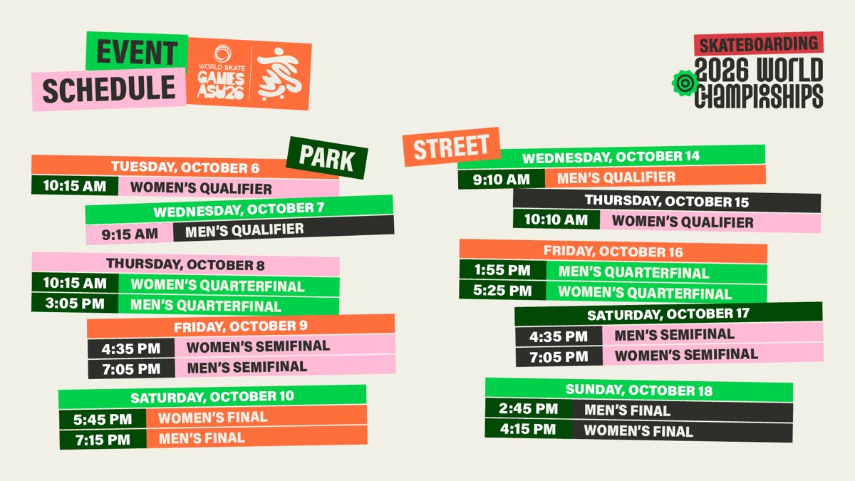 Afiche oficial del calendario de park y street del Mundial de skate de Asunción 2026, con las fechas y horarios de cada ronda